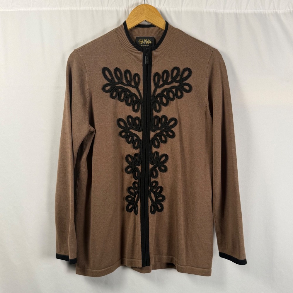 Bob Mackie Wearable Art Tan Zip Front Cardigan Black Soutache Embroidery Women M